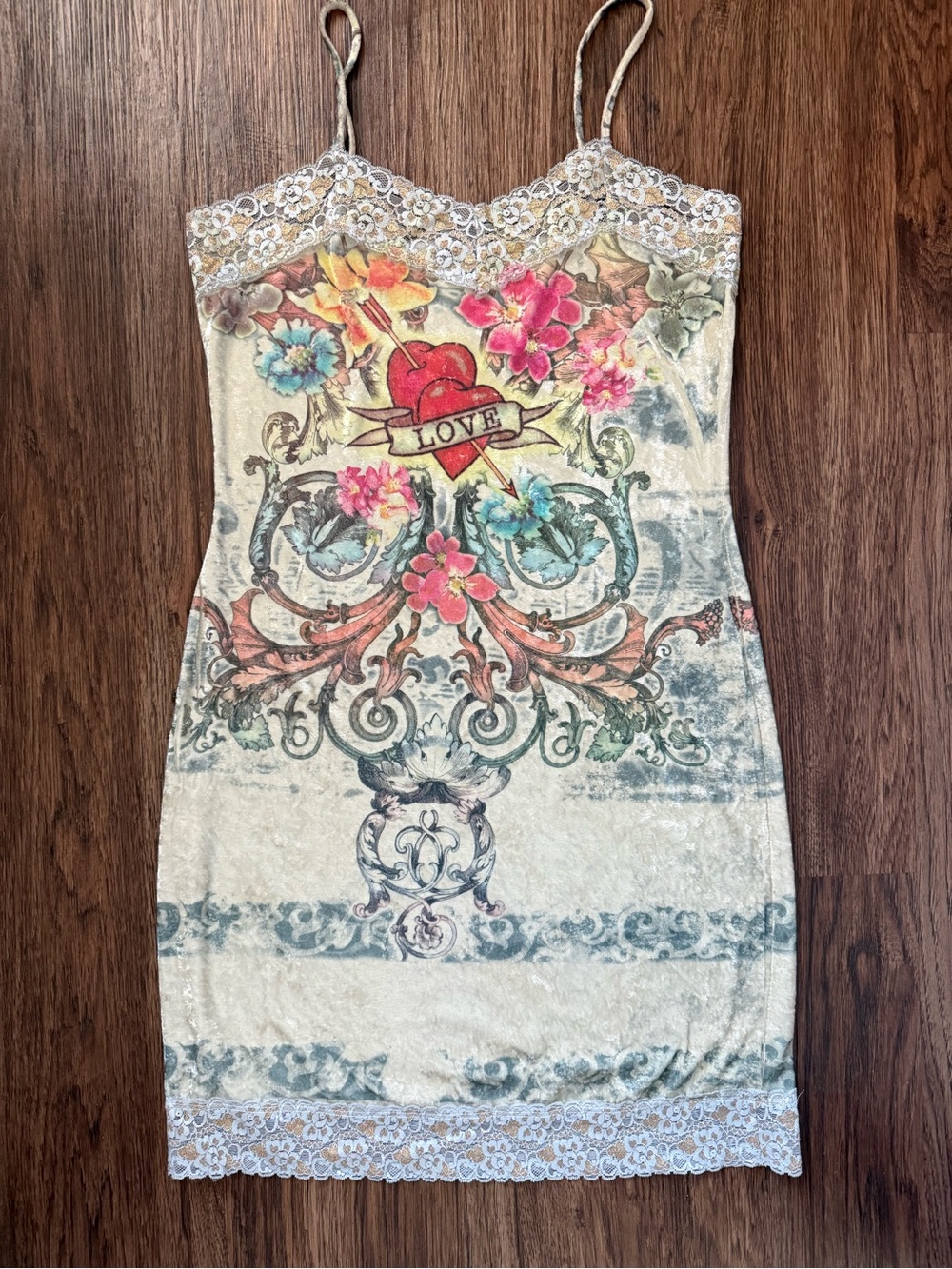 Floral 'Love' Lace Trim Slip Dress in Cream with Multi-Color Print
